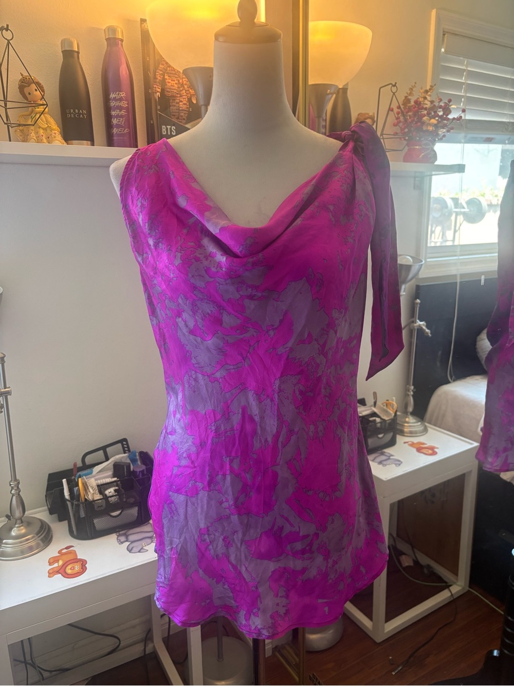 CAbi Fuchsia and Silver Tie-Shoulder Cowl Neck Camisole
